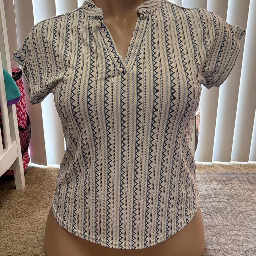 Women's White & Navy Striped Notch-Neck Top